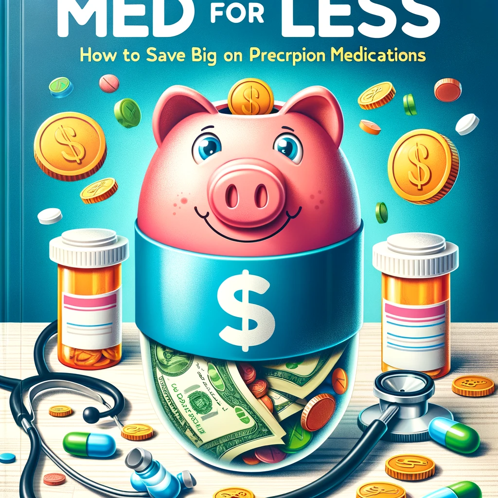 A book cover featuring a pill-shaped piggy bank overflowing with money, surrounded by prescription bottles, pills, and a stethoscope, with the title "Med for Less" in bold letters at the top.