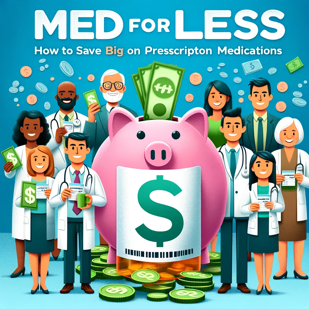 A book cover showing a diverse group of people happily holding prescription bottles with reduced price tags, against a background featuring a transparent piggy bank filled with coins and bills.