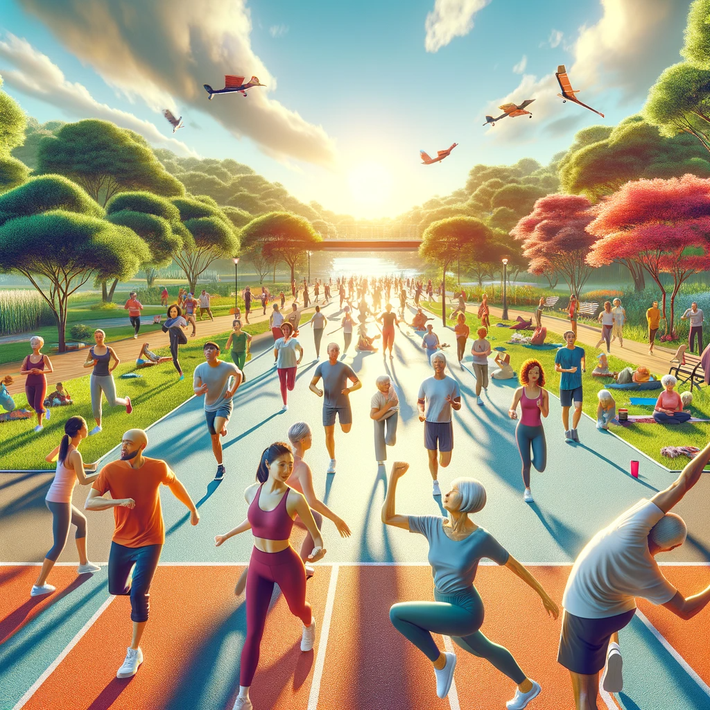 A vibrant and inspirational photo showing a diverse group of people engaging in various physical activities in a lush park under a clear blue sky.