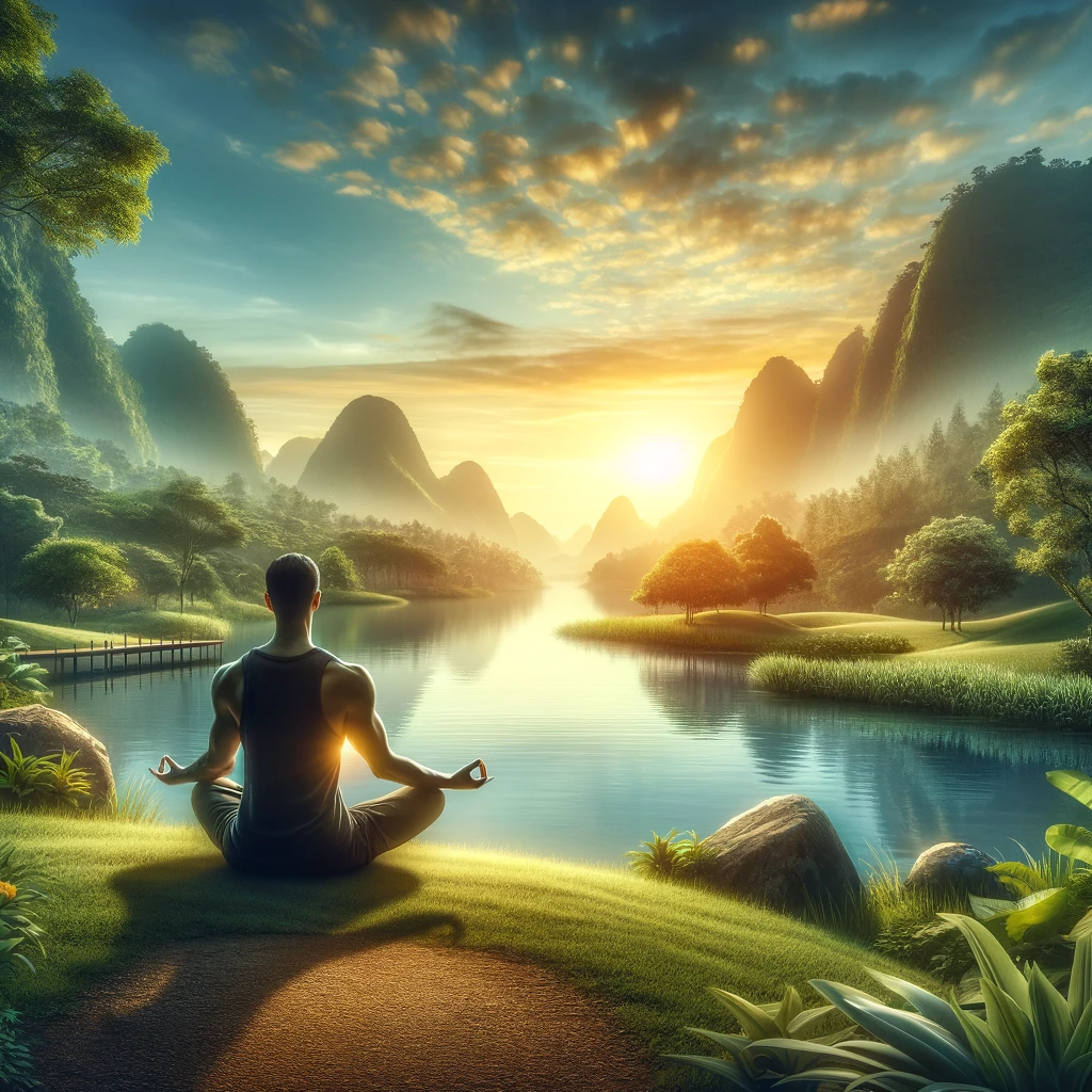 A serene photo depicting an individual meditating in a tranquil outdoor setting with a calm lake and sunrise in the background.